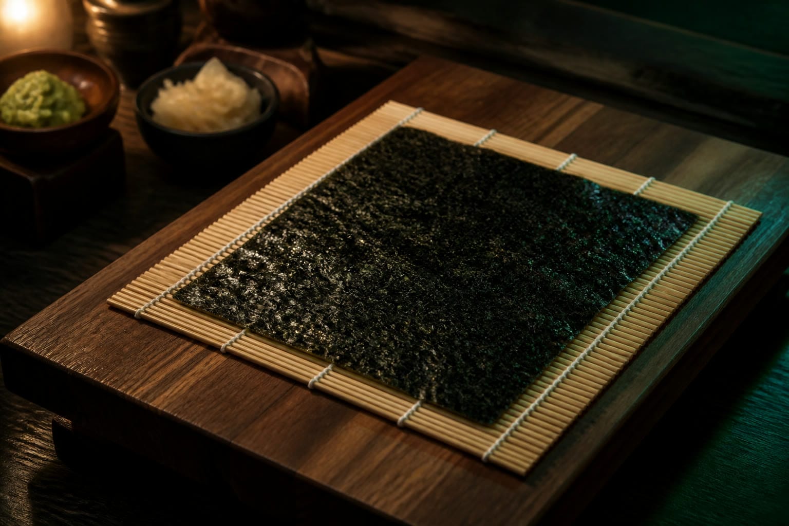 A sheet of nori is set on the makisu.
